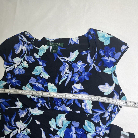 Lauren Ralph Lauren V-Neck Faux Wrap Blue Floral Print Jersey Dress Sz 10 - Picture 11 of 14